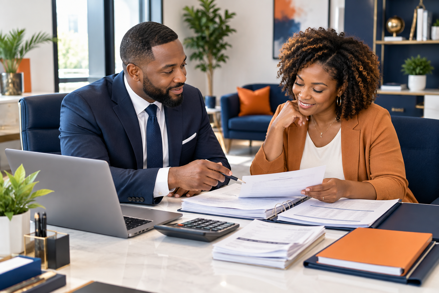 Business tax consultant reviewing financial documents with a client
