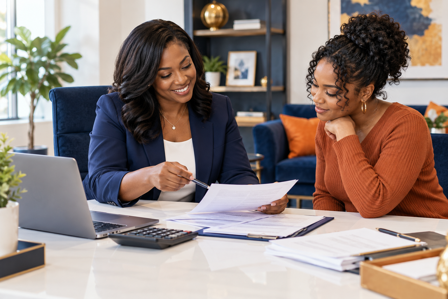 Tax professional reviewing individual tax documents with a client