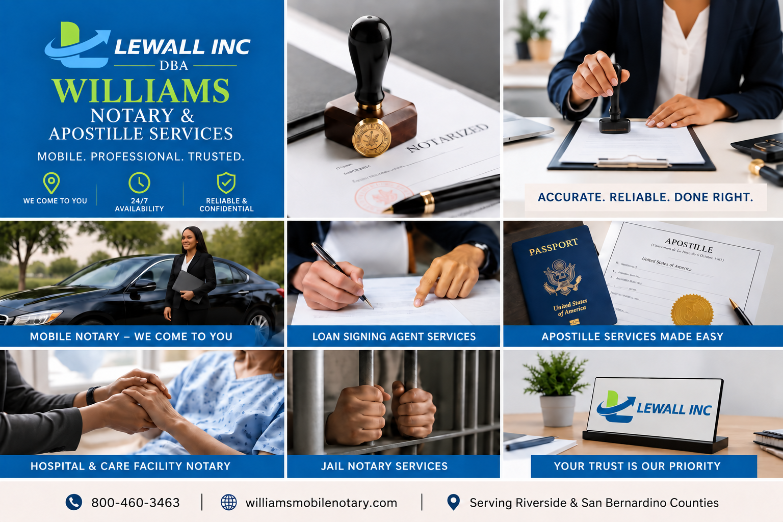 Williams Notary service overview including mobile, loan signing, apostille, hospital and jail appointments